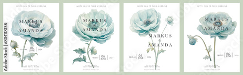 Watercolor minimalistic floral wedding invitations with blue ranunculus flowers Cards design