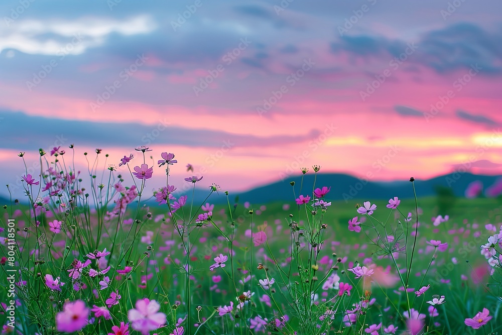 Wild Flowers at Dusk: Pink Blossoms in an Idyllic Meadow, Vibrant Springtime Evening Sky Background