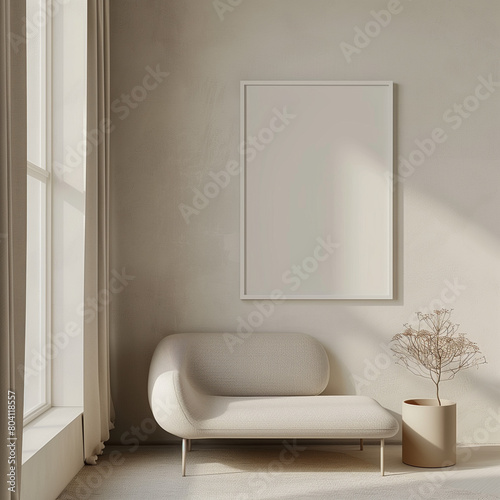 an empty couch is next to a white picture frame, in the style of minimalist typography, light beige and beige,
