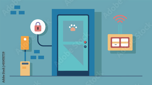 A smart door that opens and closes based on a pets ID tag making it easier to control their access and reinforce training boundaries.. Vector illustration