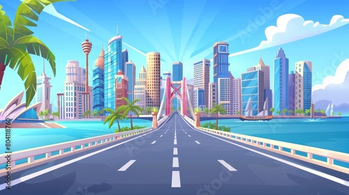 Skyline view of the city from a bridge over the sea bay, empty road with skyscraper buildings, modern urban architecture. House towers under a blue clear sky, Cartoon modern illustration of a city
