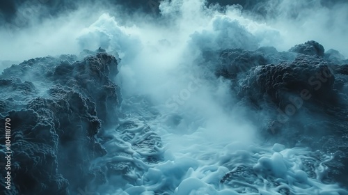 Blue smoke or fog on a mountain rocks.