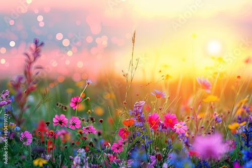 Wild Flowers Serenade: Sunset Rural Blossoms at Tranquil Nature Backdrop © Michael