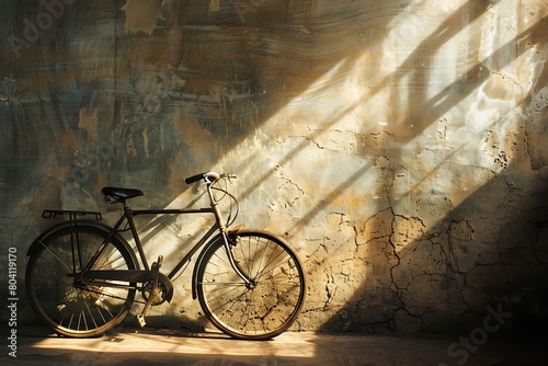 Sunlight casting dramatic shadows on a vintage bicycle leaning against a textured wall. © crescent