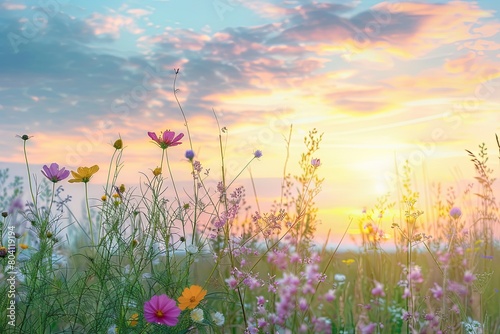 Tranquil Meadow Serenity  Pastel Sunset Wild Flowers in Nature