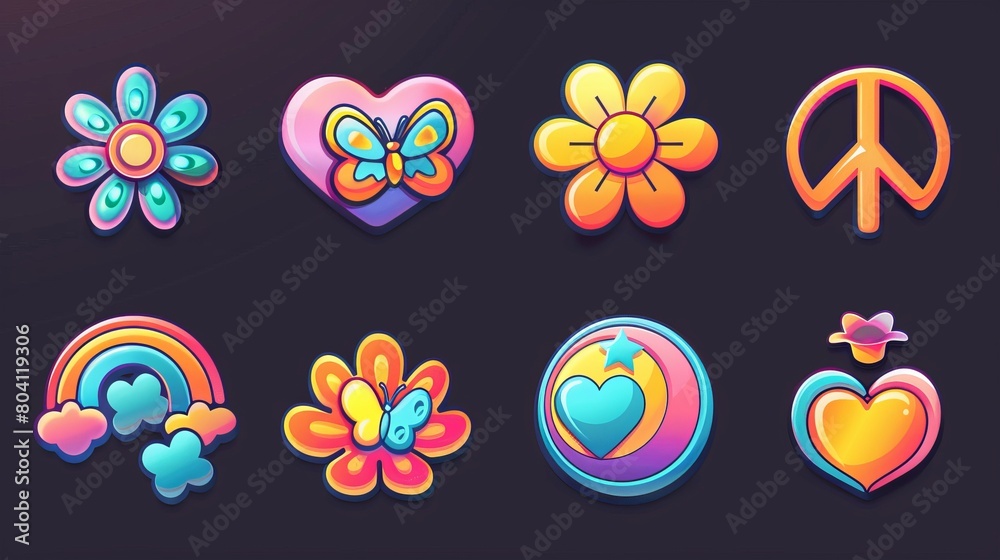 Retro rave badges with peace hand gesture, love symbol, man and girl hippy, modern set in contemporary style. Flower, rainbow, butterfly, peace sign, and heart hippie icons.