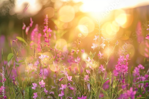 Tranquil Sunset Meadow: Wild Flowers & Pink Blossoms in Rural Summer Scene