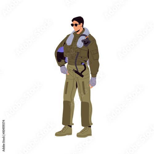 American jet fighter pilot. Military aviator in sunglasses holds helmet in hand. Professional army aircraft airman in uniform. USA air force. Flat isolated vector illustration on white background