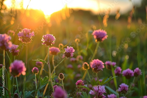 Enchanting Sunset Glow: Pink Wildflowers in Tranquil Meadow Creeks