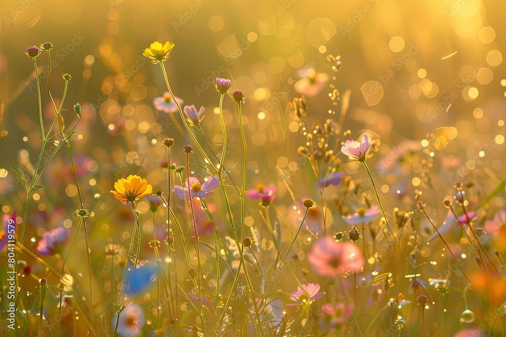 Wild Flowers at Dusk: A Golden Idyllic Glow in Nature's Calm Embrace
