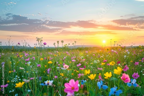 Springtime Serenity  Wild Flowers Sunset Meadow