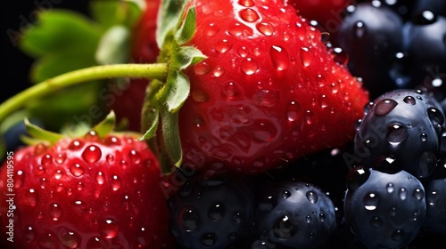 Close-up of fresh strawberries and blueberries with water drops on a black background.