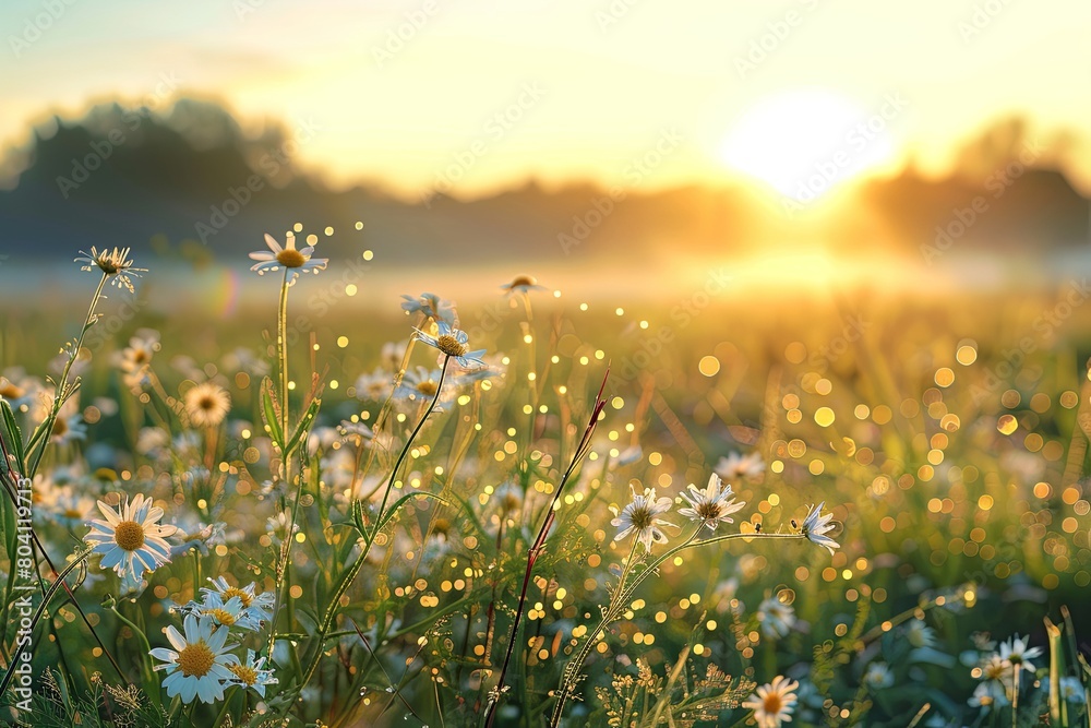 Wild Flowers Meadow Morning Dew Horizons: A Sunlit Solitude