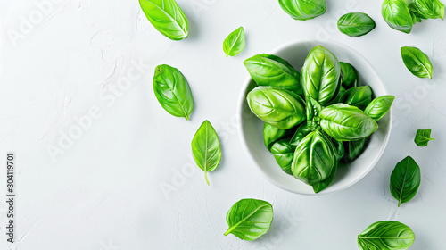 Bowl with fresh basil leaves on white background