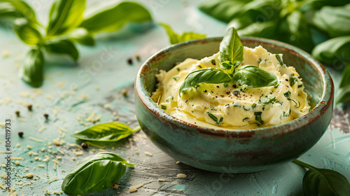 Bowl with fresh butter and basil on color background