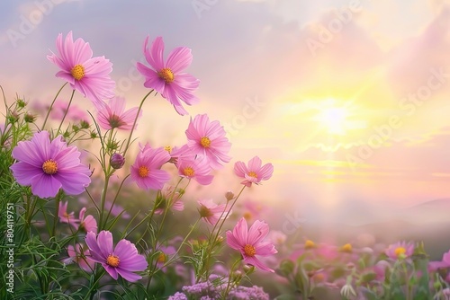 Tranquil Meadow Sunset  Pink Wildflowers in Nature Background