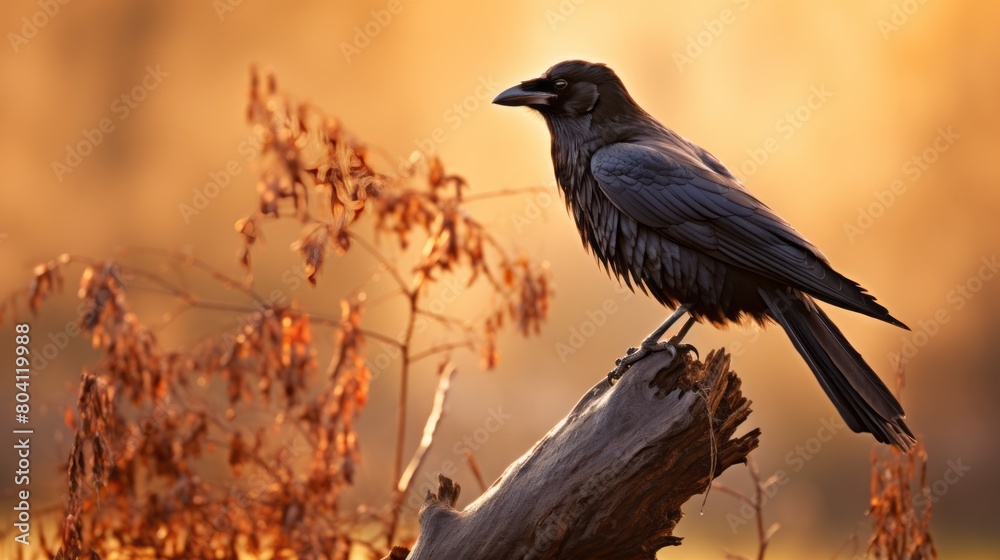 Naklejka premium A black crow on a dry tree