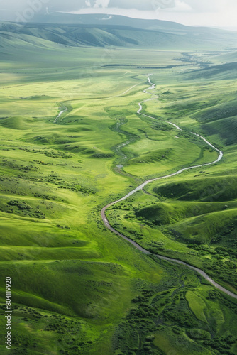Aerial view of an endless grassland with a distant river © grey