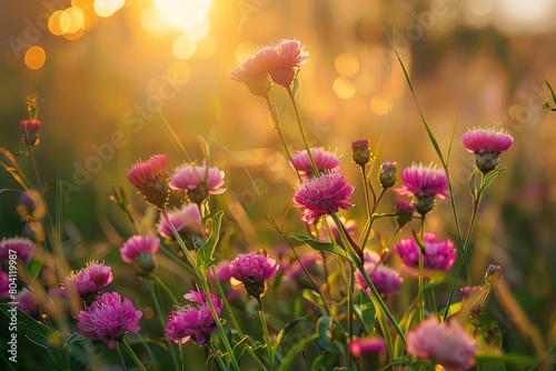 Tranquil Sunset  Wild Flowers   Pink Blossoms in Peaceful Meadow