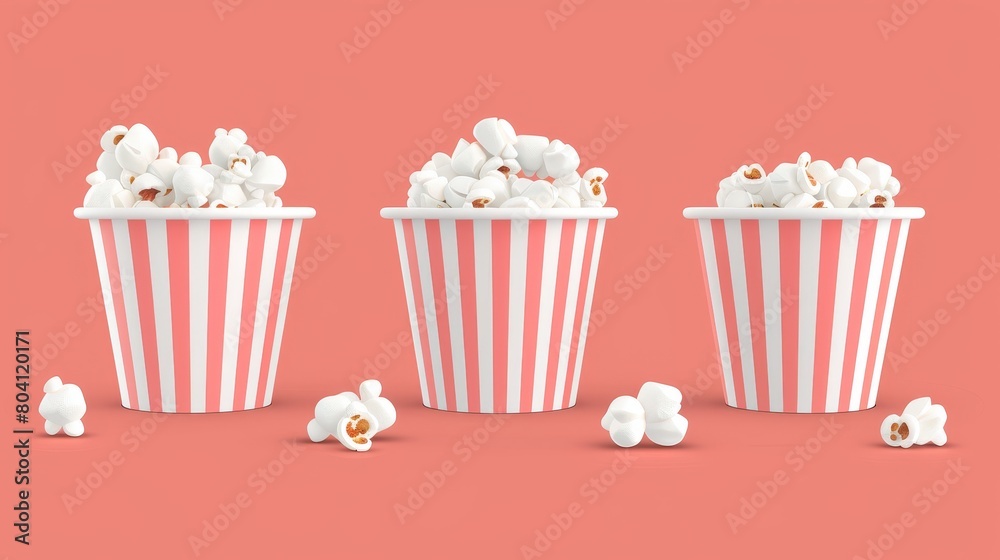 Popcorn bucket mock-up with top and side views. Realistic modern illustration of striped paper cup with popped corn portion isolated on white background. Movie snack mockup.