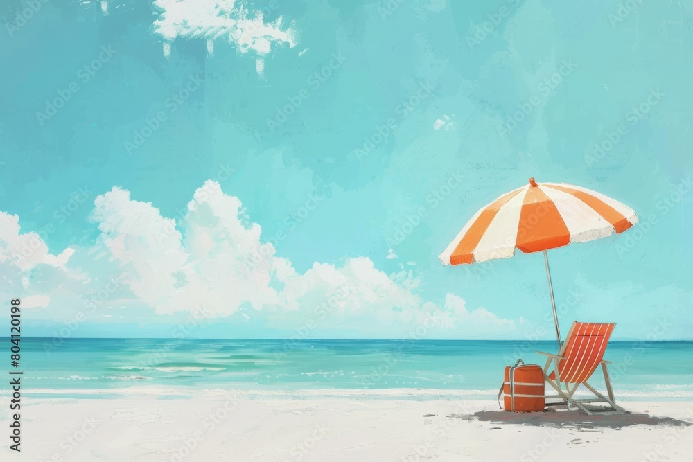 Serene beach scene with orange striped umbrella and deck chair under sunny skies