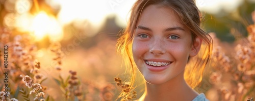 A smiling girl teenager with braces mouth  close up