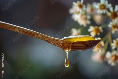 A honey spoon made of natural materials , dripping honey