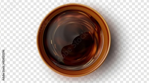 A realistic brown soy sauce bowl in top view, isolated on transparent background. A traditional chinese white salty dressing in a porcelain dish.