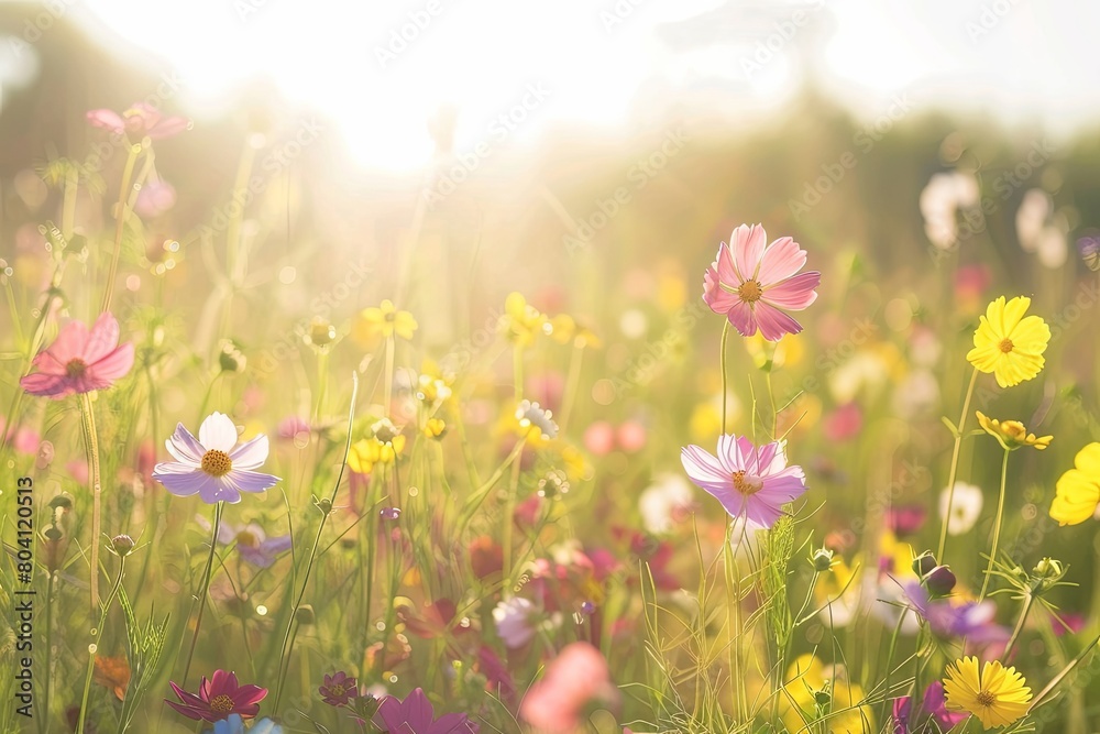 Wild Flower Meadow: Sunlit Panoramic Tranquility