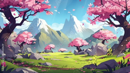 Cherry trees in Japanese gardens with white mountains on the horizon. Modern illustration of a spring landscape with sakura trees and pink flowers.
