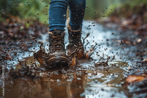 A person is walking through a muddy path with their feet splashing water