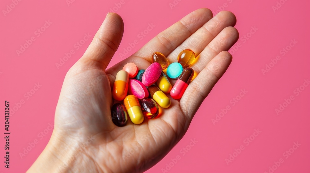 A hand displays a collection of colorful pills and capsules against a vibrant pink background, emphasizing modern healthcare and medication. A hand displays a collection of colorful pills and capsules against a vibrant pink background, emphasizing modern healthcare and medication.