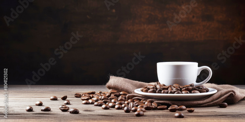 generated Illustration coffee cup and coffee beans on old wooden background