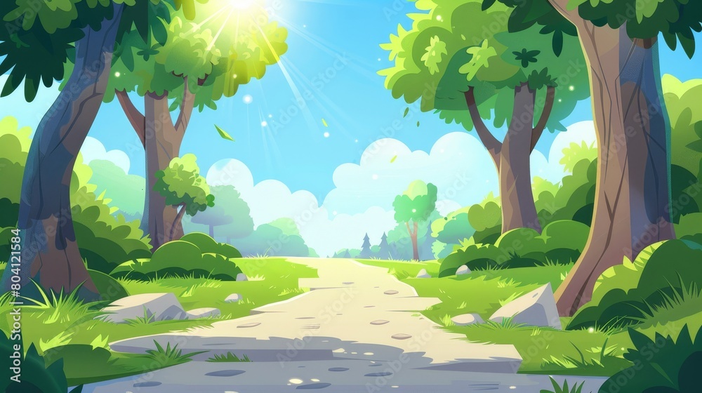 Sunny summer forest path with green trees, bushes, grass, sun shining. Beautiful nature landscape with bright colors. Background for travel games.