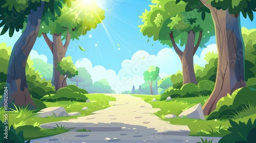 Sunny summer forest path with green trees  bushes  grass  sun shining. Beautiful nature landscape with bright colors. Background for travel games.