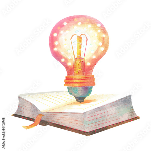 Book with lighbulb water color illustration