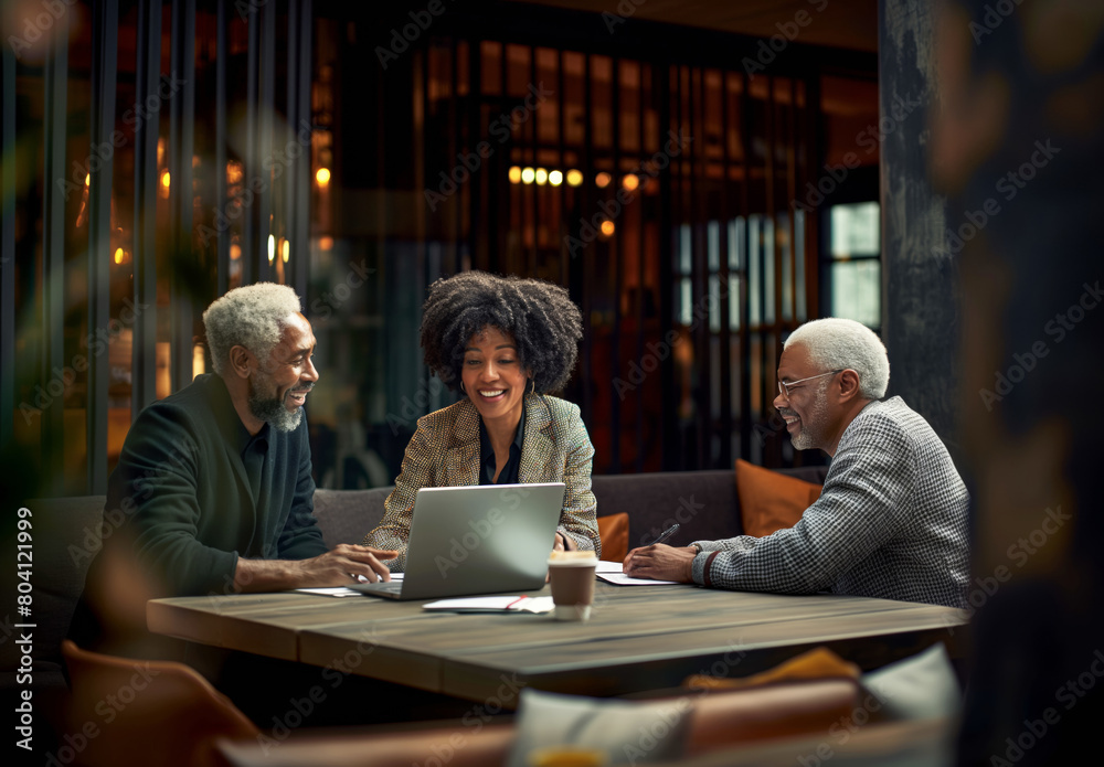 Three diverse businesspeople sitting with laptop in modern office or restaurant, smiling and discussing together while working on a project plan for a new marketing campaign.low light tone