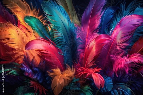 Detailed view of multiple feathers bunched together, showcasing various colors and textures.