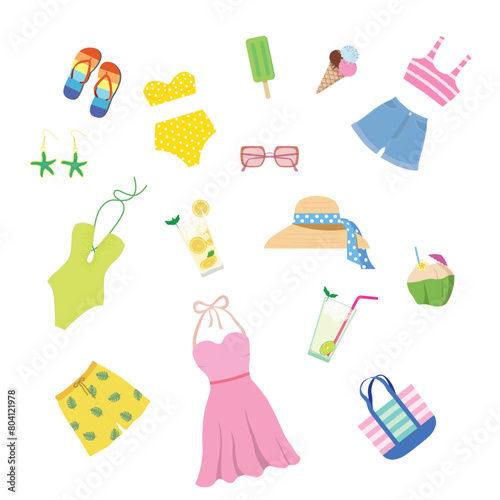 Summer set flat vector isolated on white background. Elements for summer concept. Summer vibe.