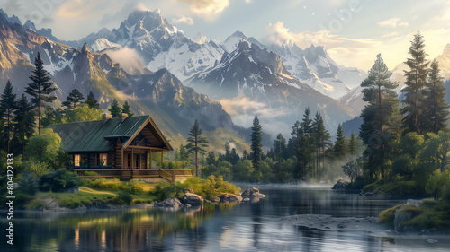 Wooden cabin nestled by a serene riverside, with snow-capped mountains in the distance. Ai generated