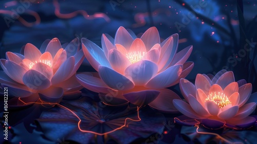 Group of pink water lilies floating on pond