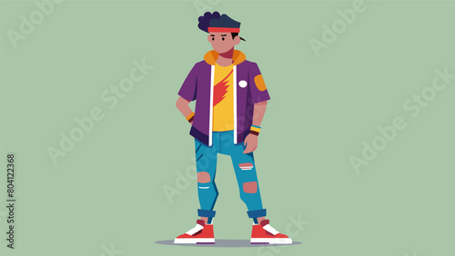 A vibrant urban streetwear look is created by the stylist incorporating thrifted designer tshirts distressed denim and statement sneakers.. Vector illustration