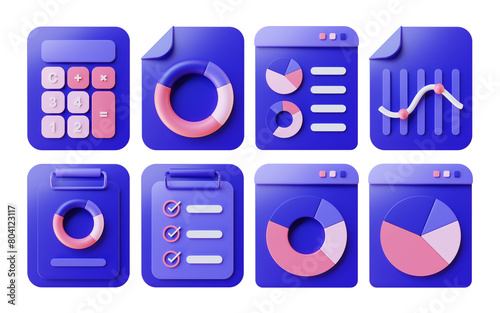 3D purple icons set business charts