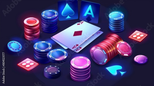 An animated spread sheet with realistic casino chips and ace cards. An illustration of neon colored gambling items turning. Online betting app design elements. photo