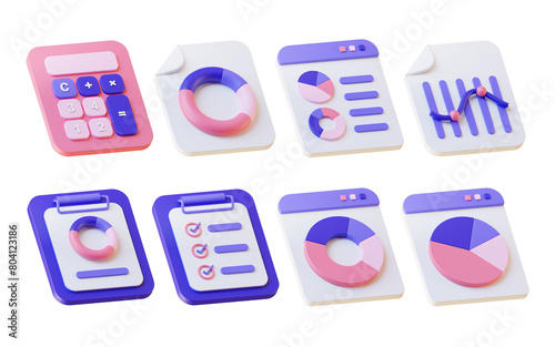 3D purple icons set business charts