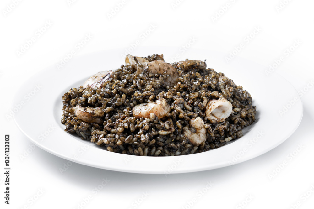 Black rice with seafood isolated on white background Black rice with seafood isolated on white background