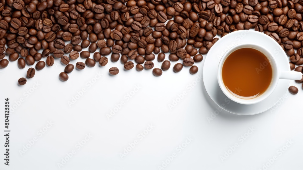 Fototapeta premium Arrangement of coffee beans and a coffee cup with space for copy.