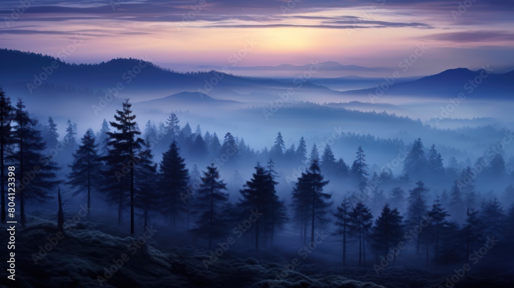 At twilight, the foggy pine forests are nature's lullaby, with the sun's serene serenade painting indigo and amethyst shades At twilight, the foggy pine forests are nature's lullaby, with the sun's serene serenade painting indigo and amethyst shades