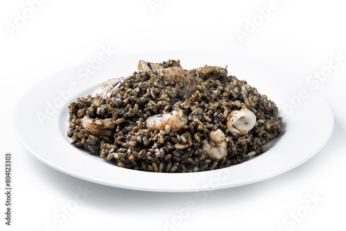 Black rice with seafood isolated on white background