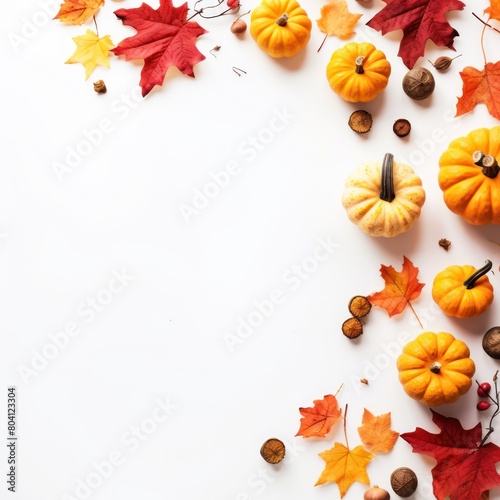 Festive autumn decor with pumpkins  berries  and leaves on a white wooden background  top view.